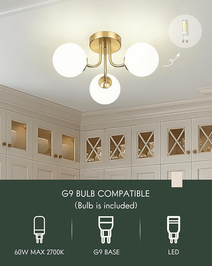 3-Globe Gold Semi Flush Mount Ceiling Light in a Modern Farmhouse Design is Ideal for Living Rooms, Bedrooms, or Dining Rooms. Model:CKCL4845-3W-PG.(Bulb Incl)
