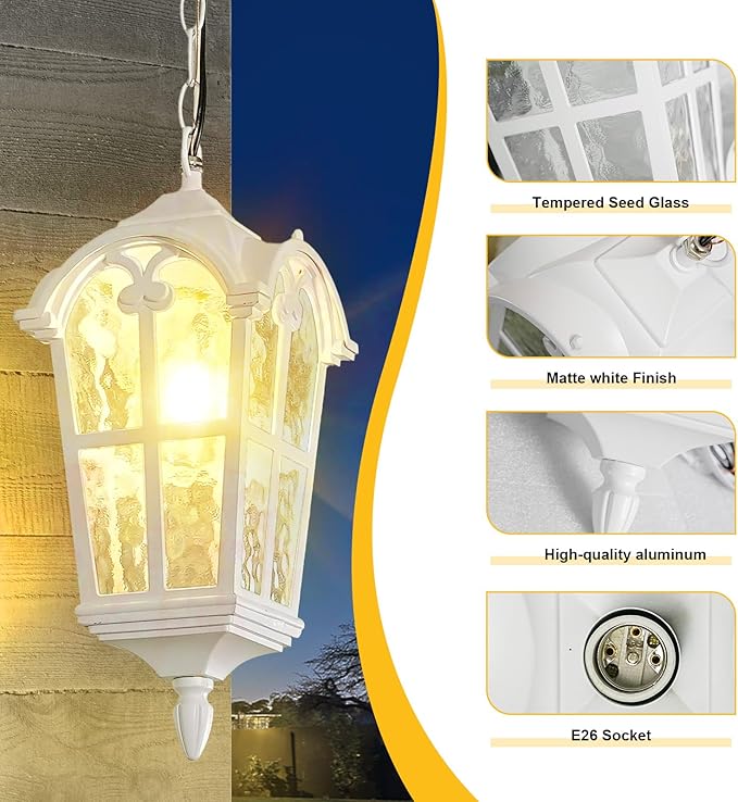 Outdoor Pendant Light for Porch Patio Garden Yard, Anti-Rust Aluminium Exterior Hanging Light Fixtures, Outside White Vintage Hanging Ceiling Light, Height Adjustable Outdoor Pendant Lamp