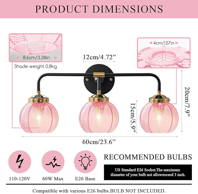 Modern Bathroom Light Fixture Pink Wall Lights with Ribbed Glass Shade 3-Lights Vintage Black Vanity Light Over Mirror Wall Sconce Decor Lighting Fixtures for Bath Farmhouse Bedroom