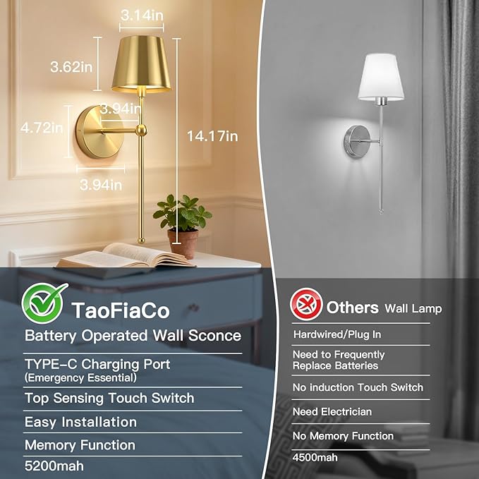 TaoFiaCo Battery Operated Wall Sconces Set of 2, Wireless Wall Sconce with Remote Dimmable Timer, Rechargeable 5200mAh, Cordless Gold Wall Light for Bedroom Living Room, Hallway, Light Decor