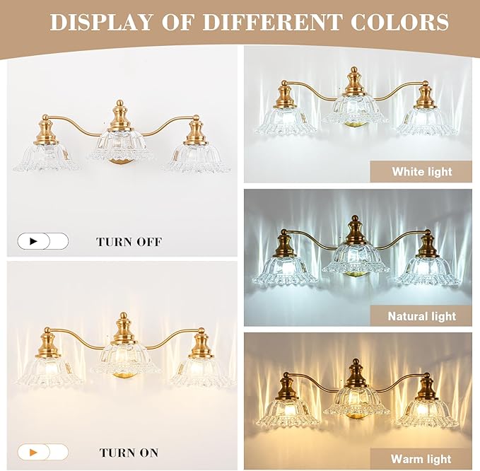 Gold Bathroom Light Fixtures Over Mirror, 3 Light Vintage Bathroom Vanity Light Fixture with Clear Flower Glass Shades, Retro Brass Vanity Lights for Bathroom, Bathroom Vanity Lights Over Mirror