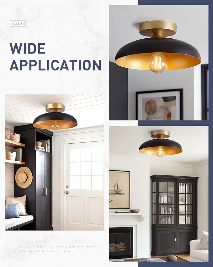 kudos 12 Inch Semi Flush Mount Ceiling Light,1-Light Kitchen Ceiling Lights, Black Ceiling Light Flush Mount for E26 Base Bedroom Hallway Kitchen, KDCL01-BKE