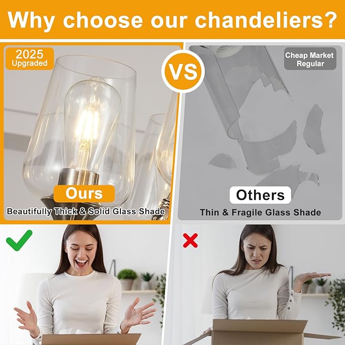 25" Farmhouse Chandelier, 6-Light Brushed Nickel Chandeliers for Dining Room Light Fixtures Over Table, Modern Industrial Hanging Lighting with Clear Glass Shade for Living Room, Kitchen Island, Foyer