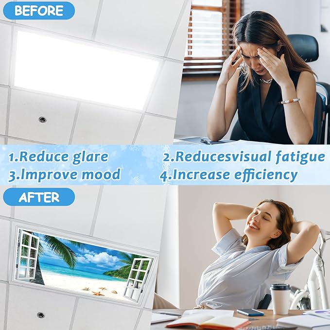 Wiooffen 6 Pcs Fluorescent Light Covers with 60 Magnets Decorative for Classroom Ceiling Light 4 x 2 Feet Magnetic Light Covers Filter Easy Install for Office Hospitals & Home (Windows Seascape)