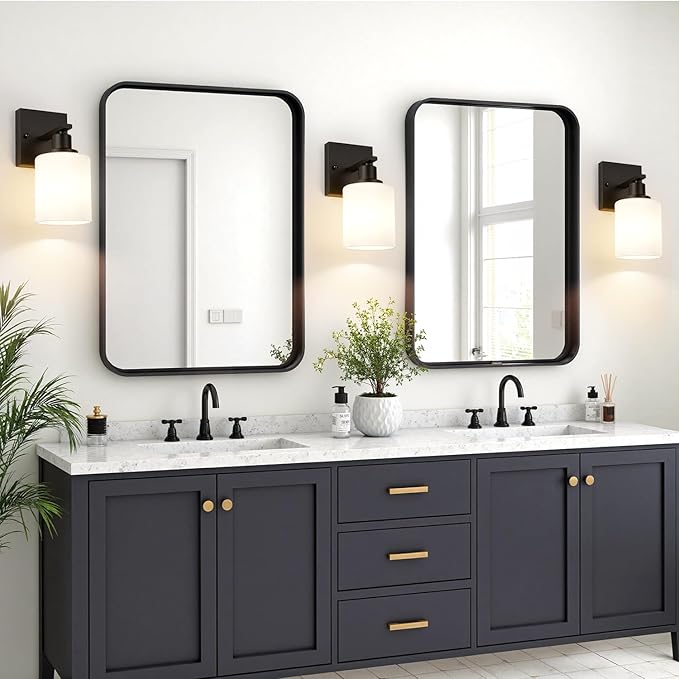 MOKATNG Set of 2 Wall Sconces for Bathroom,Black Modern Vanity Lights with White Glass Shade,Bathroom Wall Lamp for Mirror Kitchen Living Room Hallway Cabinet Porch