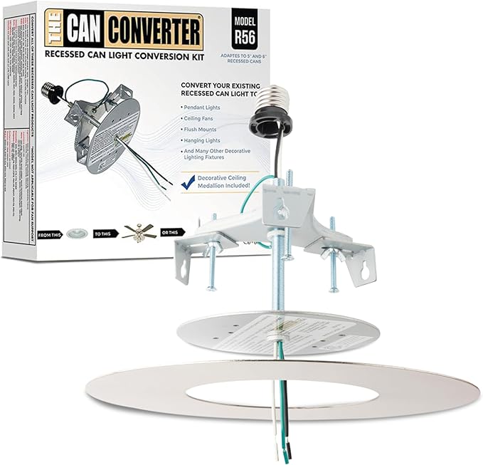 The Can Converter R56 Recessed Can Light Conversion Kit w/ 7"¾ Flat Steel Ceiling Medallion - Home Improvement for 5" & 6" Cans, Converter Kit for Ceiling Fan & Light Fixture, UL Certified, White