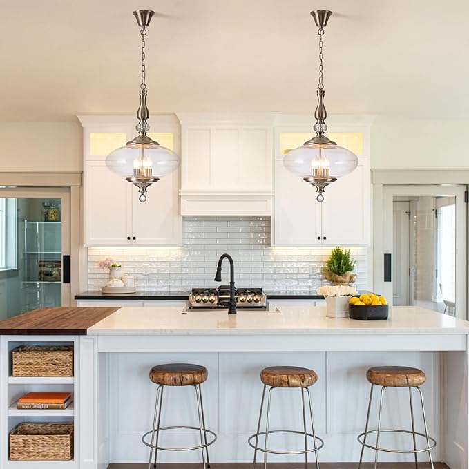 Modern Glass Large Pendant Light Brushed Nickel 5-Light Chandelier for Dining Room, Kitchen Island, H 27.5" x W 15.7", Adjustable Hanging Height