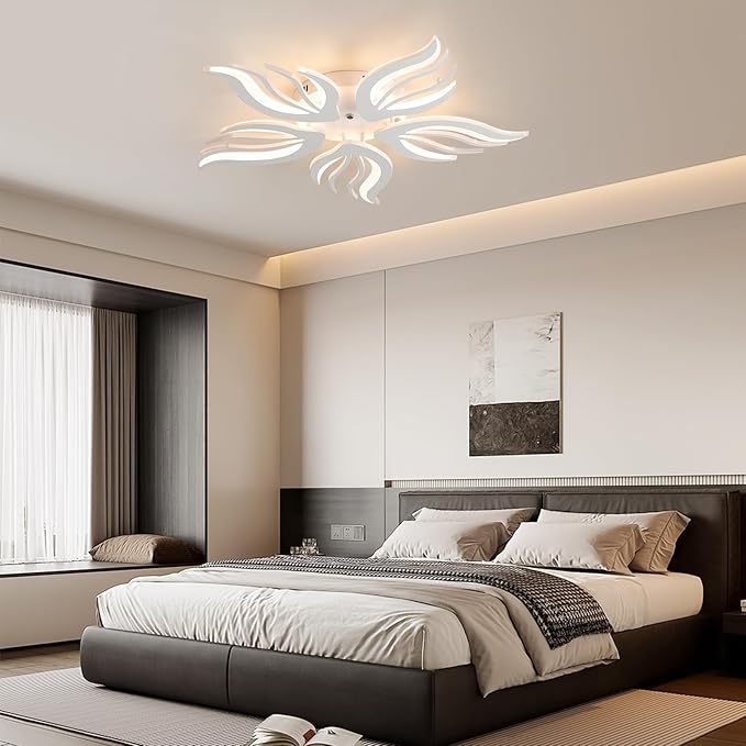 Becailyer Modern Flower Ceiling Light, 29.5" Flush Mount Ceiling Lamp, 50W Dimmable LED Ceiling Lighting Fixtures, 5-Petals Acrylic Close to Ceiling Light for Living Room Bedroom Dining Room, White