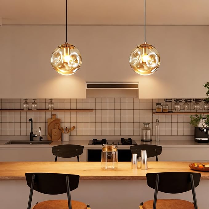 Modern Amber Concave Glass Pendant Light, 2-Pack Kitchen Island Lighting Single Globe Pendant Light Fixtures Century Kitchen Island Pendant Light for Bedroom Dining Room Light (Without Bulbs)