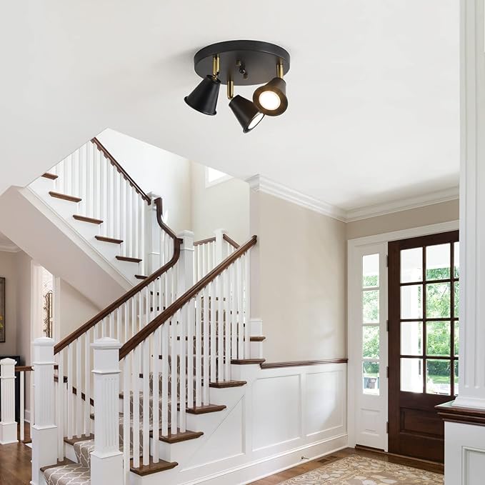SEEBLEN 3-Light Industrial Directional Track Lighting, Adjustable Round Ceiling Spotlight, Morden Black Flush Mount Kitchen Light for Kitchen,Hallway,Dining Room,Porch,Office.Gu10 Bulbs Included