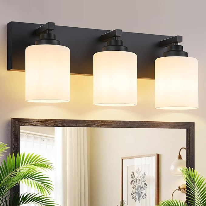 Bathroom Vanity Light Fixture, 3-Light Matte Black Bathroom Light Fixtures Over Mirror with Milky White Glass Shades, Modern Vanity Lights for Bathroom Living Room Hallway (Bulbs Not Included)