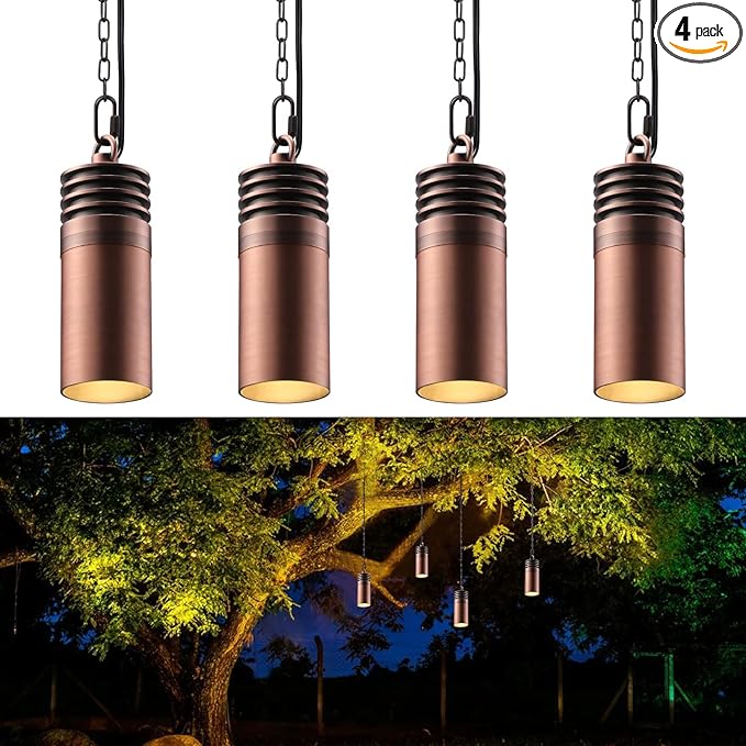 LEONLITE Low Voltage Hanging Landscape Lights, 12V Hanging Tree Lights, UL Listed, LED Outdoor Pendant Light for Gazebo, Pergola, Garden, Aluminum, IP65, 2700K Soft White, Red Bronze, Pack of 4