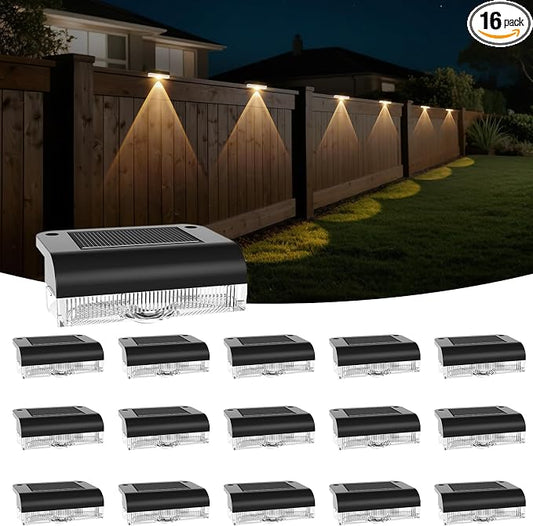 AGOTD Solar Fence Lights Outdoor, 16 Pack Fence Light Solar Powered, Deck Lights Waterproof Led for Garden, Backyard, Patio, Pathway, Railing, Pool, Stairs, Step, Warm White