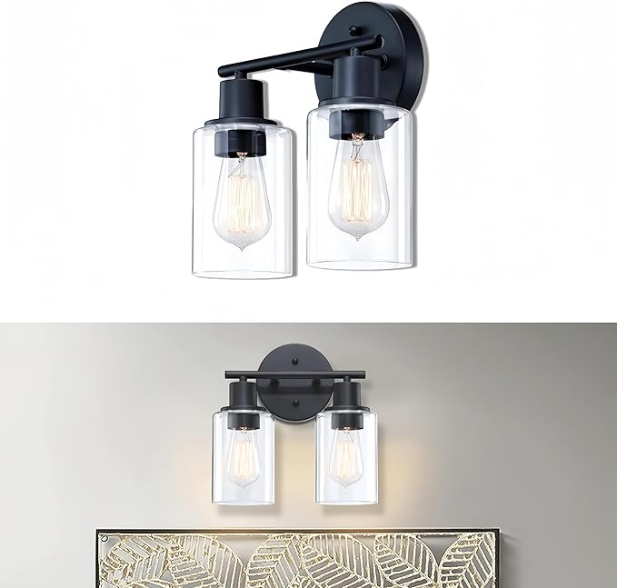 WISBEAM 2-Light Bathroom Vanity Light, Black Bathroom Light Fixtures with Clear Glass Shade Including E26 Medium Base, Bulb NOT Included, Vanity Light Over Mirror