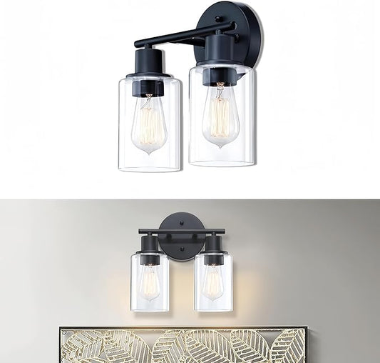 WISBEAM 2-Light Bathroom Vanity Light, Black Bathroom Light Fixtures with Clear Glass Shade Including E26 Medium Base, Bulb NOT Included, Vanity Light Over Mirror