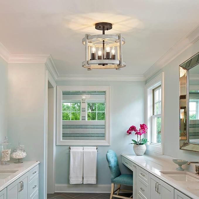 MEIXISUE 4-Lights Retro Semi Flush Mount Ceiling Light Fixtures,ORB+Oak White,Farmhouse Rustic Vintage Antique Ceiling Light Fixture for Hallway Kitchen Dining Room Bedroom UL Listed