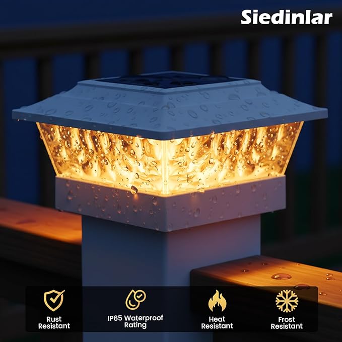 SIEDiNLAR Solar Post Lights Outdoor 12 LEDs 4 Modes Post Cap Light for 4x4 5x5 6x6 Vinyl Wooden Deck Fence Posts Garden Patio Decor, Warm/Cool White Dynamic Lighting (6 Pack, White)