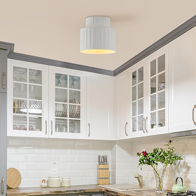 GLOBE Electric 66000135 1-Light Flush Mount Ceiling Light, Ceramic Effect Shade, Matte Off-White, Ribbed, Home Improvement, Dining Room, Kitchen