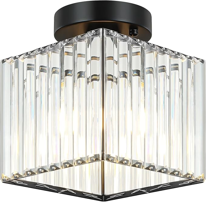 2-Pack Black Crystal Semi Flush Mount Ceiling Light 7.24" Modern Square Lighting Fixture Small Chandelier for Kitchen Hallway Entryway Dining Room Bedroom Bathroom Laundry