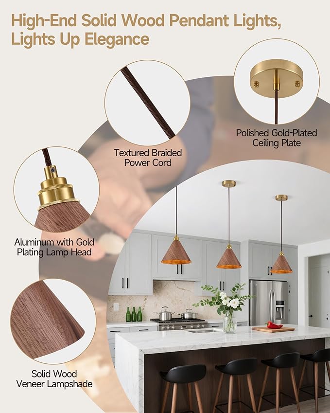 3 Pack Pendant Lights Kitchen Island, 8.3” Small Wood Pendant Light, Adjustable Height Hanging Light Fixtures, Kitchen Island Lights for Dining Room, Bedroom, Hallway, Bar (Walnut)