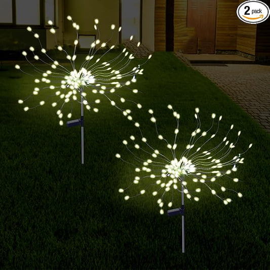 PXBNIUYA 2 Pack Solar Firework Lights Outdoor, 175 LED Garden Lights with 2 Modes, Waterproof DIY Copper Wire Solar Starburst Light for Yard Wedding Patio Halloween Christmas Decor（Warm White）