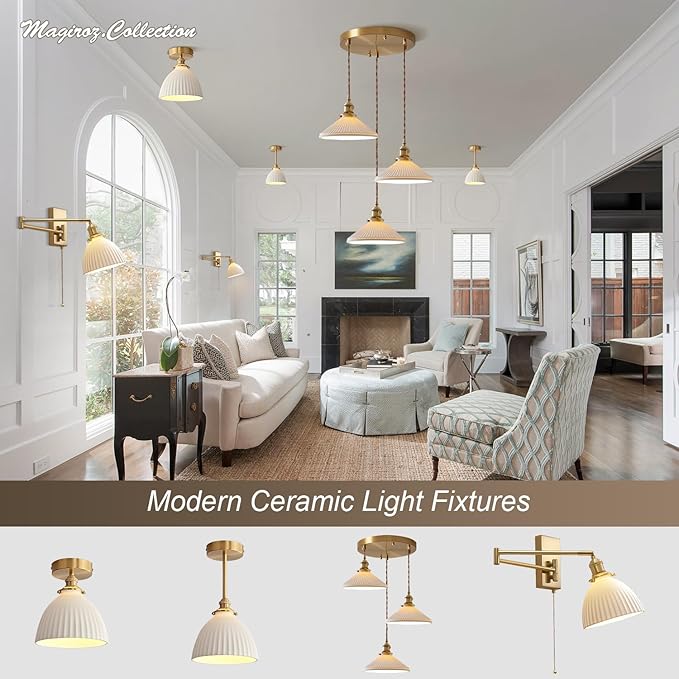 3 Light Pendant Lighting Brushed Gold Cluster Pendant Light Fixture Milk Glass Chandelier Modern Mid Century White Ceramic Cluster Hanging Pendant Lights Kitchen Island for Bedroom MPL16D-3R