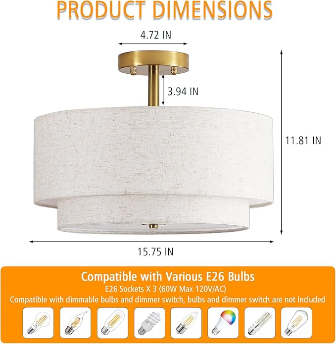 16" Semi Flush Mount Ceiling Light Fixture, 3-Light Black Flush Mount Ceiling Light with Double Drum Fabric Shades for Dining Room Bedroom Kitchen Hallway Living Room, E26 Socket