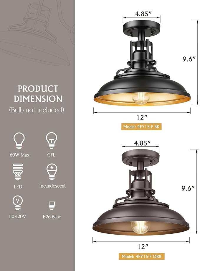 FEMILA Industrial Semi Flush Mount Ceiling Light, Outdoor Flush Mount Porch Light in Matte Black & Gold, 12" Farmhouse Front Porch Ceiling Lighting Fixture for Entryway, Hallway, Kitchen, 4FY15-F BK-1