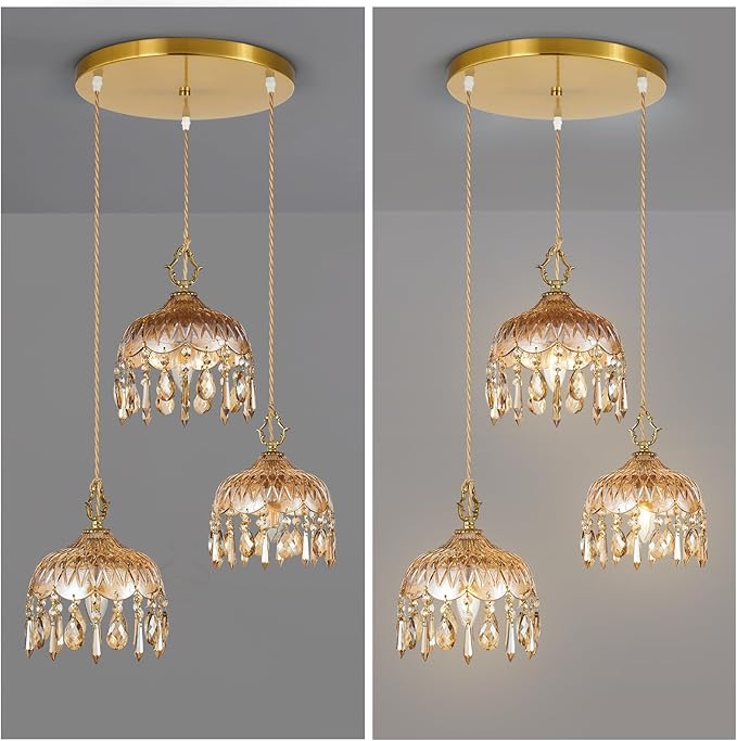 3-Light Glass Pendant Light Crystal Hanging Light Fixtures,Brass Vintage Amber Glass Pendant Lights for Kitchen Island Dining Room Living Room Bedroom Hallway(Amber,Round Chassis)