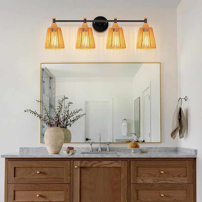 Bathroom Light Fixtures Vanity Lights Over Mirror, Rustic Farmhouse Rattan Wall Sconce with Boho Hand Woven Wall Lamp Natural Style Wall Mounted Light (30in - 5 Light)