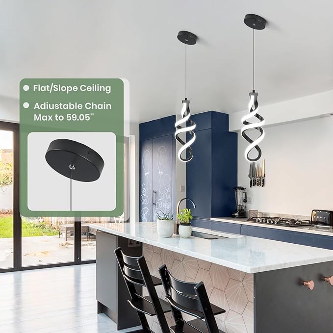 Modern Led Pendant Light Fixture, 15W Black Spiral Led Chandelier Hanging Lamp, 4500K Daylight White Pendant Lamp, Adjustable Height Pendant Light for Dining Room Bedroom Kitchen Island Cafe(2 Pack)