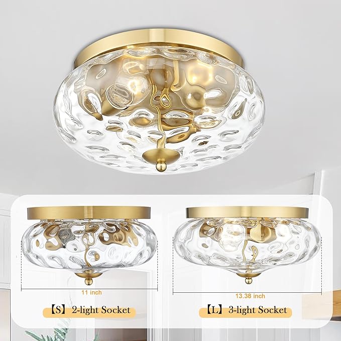 Darkaway Large Ceiling Light Fixtures, 3-Light Flush Mount Indoor Outdoor Ceiling Light with Water Ripple Glass Shade for Hallway Kitchen Bedroom Porch Living Room Gold Finish