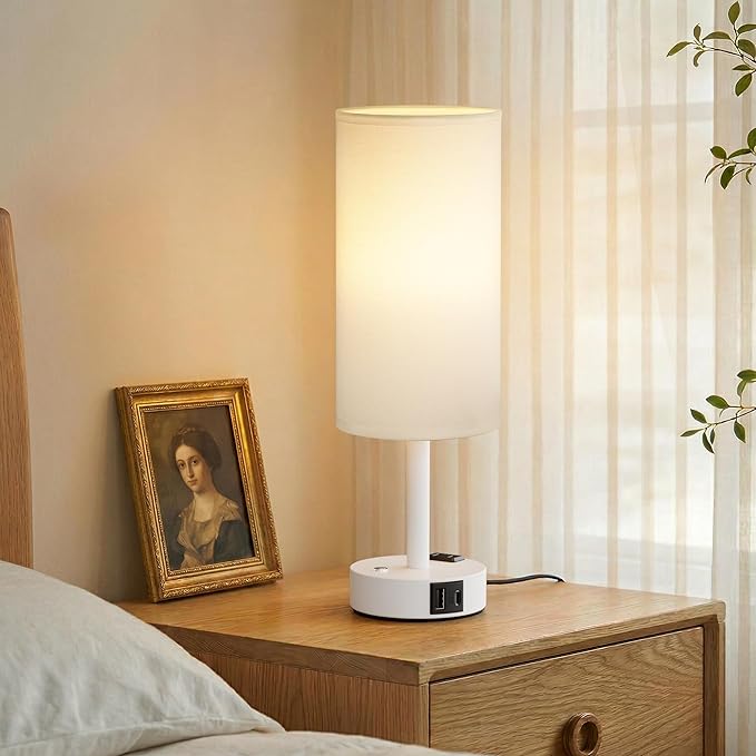Touch Bedside Table Lamp with Memory - Stepless Dimmable Lamp for Bedroom, Small Nightstand Lamp with Dual USB Charging Ports and AC Outlet, Wood Night Light, Deak Lamp for Nursery (White & White)