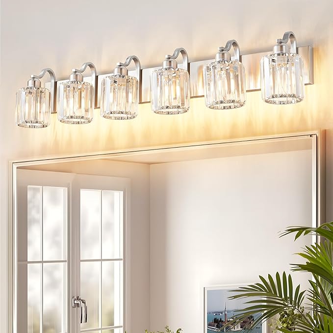 Crystal Bathroom Lighting Fixtures Over Mirror, 6 Light Brushed Nickel Vanity Light, Modern Bath Wall Sconce Lighting for Bedroom Living Room (Exclude Bulb)