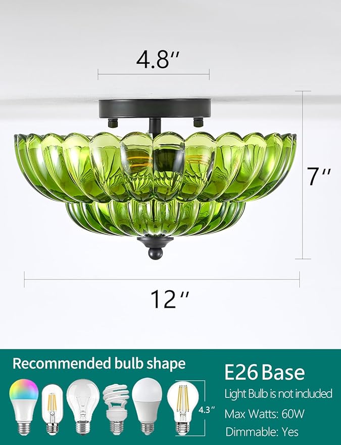 Semi Flush Mount Ceiling Light, Green Glass Ceiling Light Fixture, 3-Bulb Modern Black Close to Ceiling Light, Vintage Glass Ceiling Lights for Bedroom Kitchen Living Room, Bulb Not Included