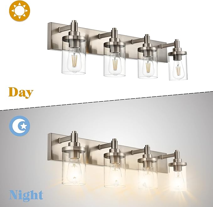 4-Light Bathroom Lighting Modern Brushed Nickel Vanity Light Fixture Over Mirror,E26 Base Industrial Wall Lamp with Clear Glass Shade Wall Sconce for Bathroom,Hallway, Makeup Dressing Table