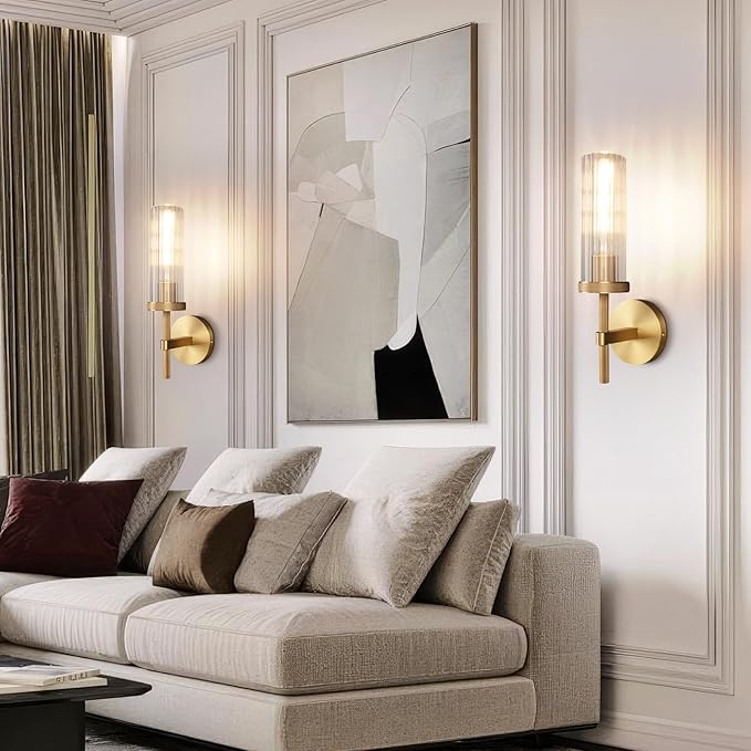 15" Knurled Brass Wall Sconce with Vertical Striped Glass Tube, Gold Bathroom Vanity Light Fixtures, Modern Lamp Lighting for Bedroom, Living Room, Hallway, Staircase, Mirror, Kitchen