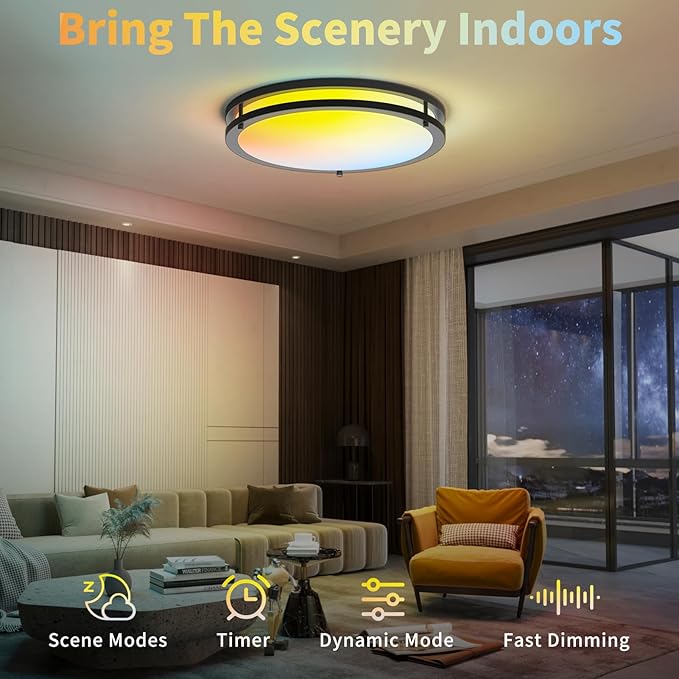 Kalium Ceiling Lights Flush Mount with Remote: LED Black Ceiling Lighting 8 Modes Dimmable Color, Adjustable Temperature for Bedroom, Living Room, Kitchen (16 Inch)