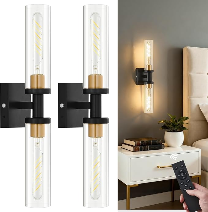 Black and Gold Wireless Battery Operated Wall Sconces Set of 2, Glass Rechargeable Wall Lamps with Remote, Cordless Battery Powered Decor Light Fixture for Bathroom Living room Bedroom Hallway