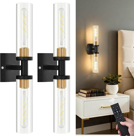 Black and Gold Wireless Battery Operated Wall Sconces Set of 2, Glass Rechargeable Wall Lamps with Remote, Cordless Battery Powered Decor Light Fixture for Bathroom Living room Bedroom Hallway