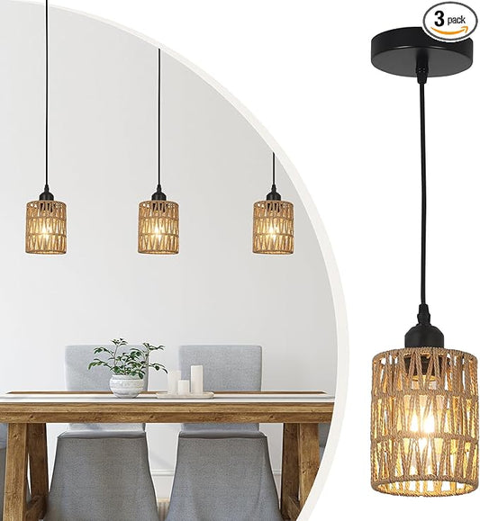 LAMSU 3 Pack Rattan Pendant Lights Kitchen Island, Farmhouse Pendant Lighting with Hand Woven Wicker Shade, Boho Chandelier Light Fixtures Ceiling Hanging for Dining Room Bedroom Foyer Hallway
