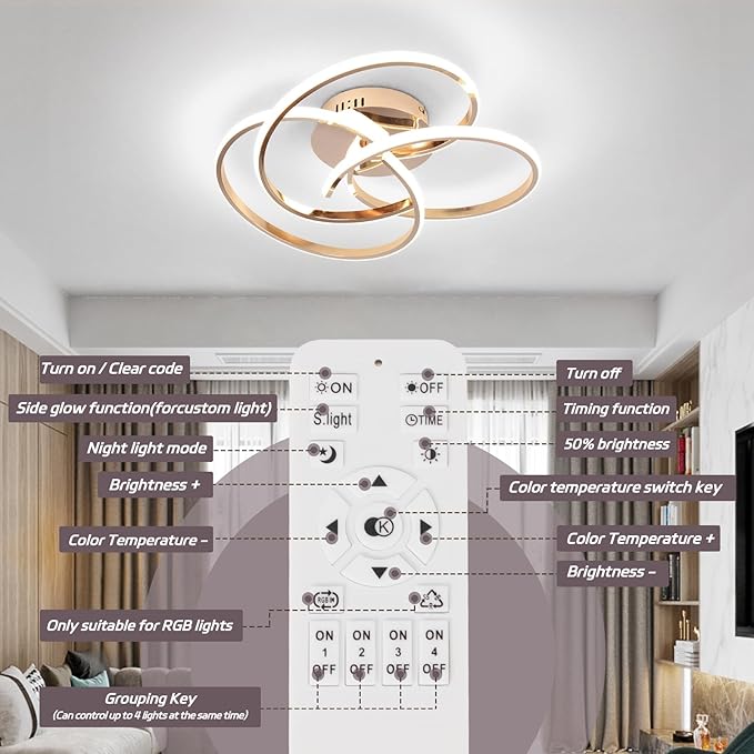 CANEOE Modern LED Ceiling Light Fixture, 42W Gold Dimmable Flush Mount Ceiling Light with Remote Control, Curve Design Close to Ceiling Lamp for Bedroom Living Dining Room Kitchen