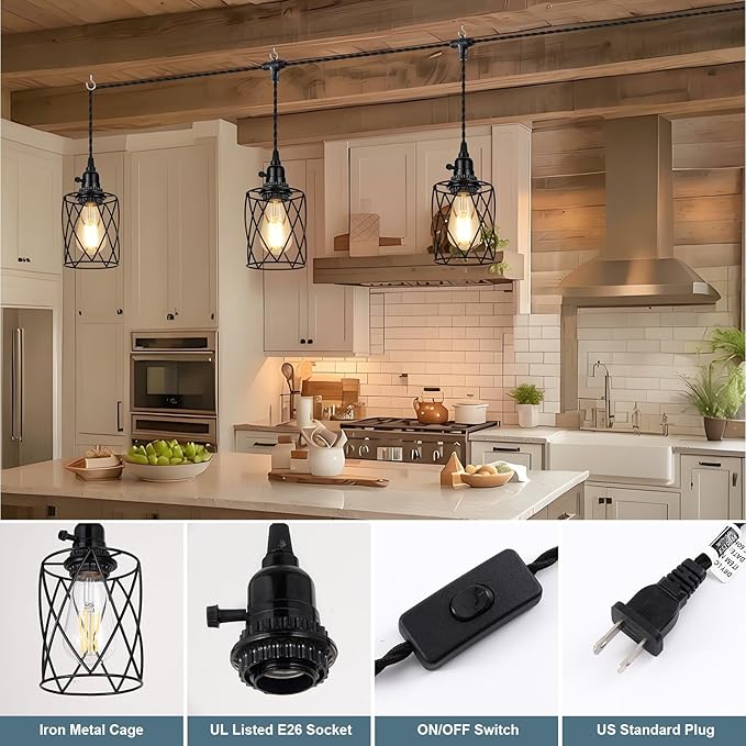 3-Light Plug in Pendant Light, 19FT Hanging Lights with Plug in Cord and On/Off Switch, Industrial Twisted Black Rope Hanging Pendant Fixtures with Metal Shade for Dining Room Kitchen Bedroom