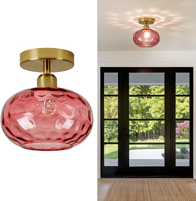 Red Glass Semi Flush Mount Ceiling Light - 7.9 Inch Hammered Art Deco Glass Small Hallway Light fixtures, Vintage Gold Flush Mount Ceiling Light for entryway Foyer Laundry Room Kitchen