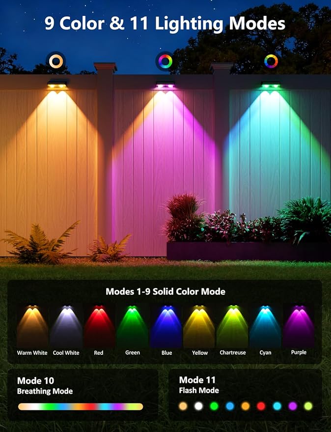 Solar Fence Lights Outdoor, 12 Pack Color Changing Fence Lights Solar Powered with 9 RGB Colors & 11 Lighting Modes, IP65 Waterproof Dusk to Dawn Fence Lights for Patio, Deck, Wall, Backyard