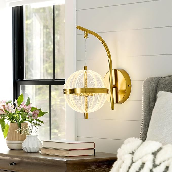 UOFUS Gold Wall Sconce with Globe Acrylic Shade Mid Century Modern LED Wall Light Fixture 12W 3000K/4000K/6000K Temperature Adjustable Super Bright Bathroom Vanity Light for Bedroom Hallway