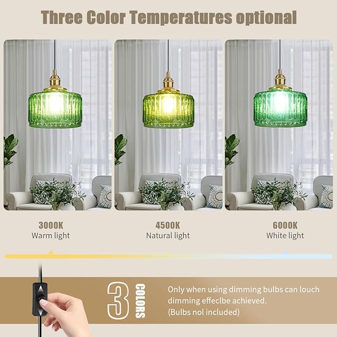 Vintage Plug in Pendant Light Fixture - Small Green Striped Glass Shade Adjustable Modern Hanging Lamp with Plug in Cord On/Off Switch Swag Pendant Lights for Kitchen Living Room