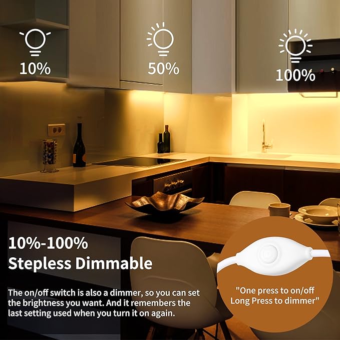 JUSJUBR Under Cabinet Lighting, 2pcs 12" 3000K Dimmable LED Closet Light, USB Plug, Memory Function, Linkable Cabinet Light Bar for Kitchen, Plug-in Workbench Light, Super Slim LED Light Bar for Room