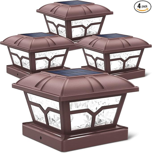 SIEDiNLAR Solar Post Cap Lights Outdoor 2 Color Modes 8 LEDs for 4x4 5x5 6x6 Posts Fence Deck Patio Decoration Warm White & Cool White Lighting Brown (4 Pack)