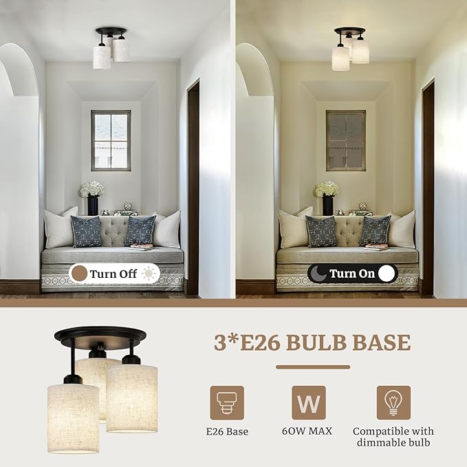 Semi Flush Mount Ceiling Light, 3-Light Close to Ceiling Light Fixtures, Matte Black Kitchen Light Fixtures with Linen Fabric Shade, Hallway Light Fixtures Ceiling Mount for Foyer Entryway